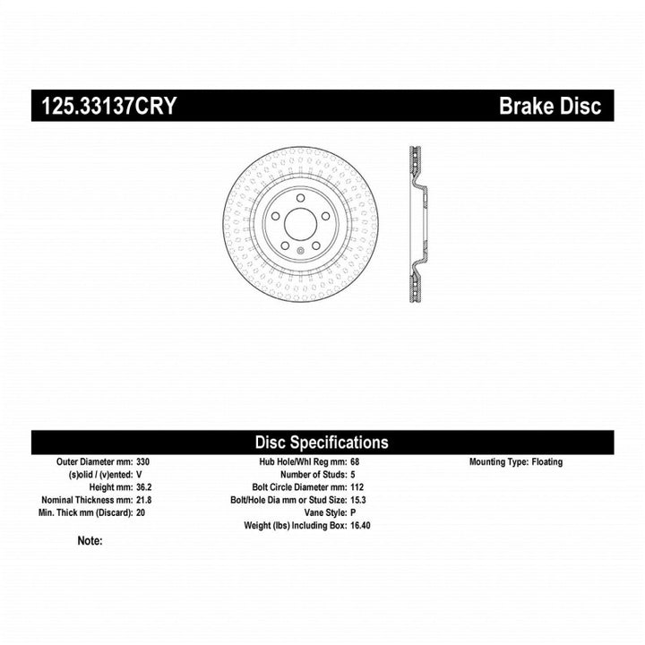Stoptech 10-19 Audi S4 Premium Rear CryoStop Brake Rotor